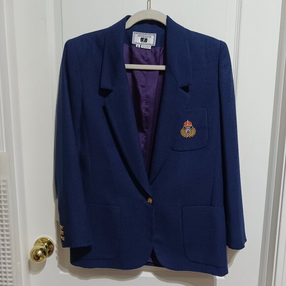 1980's Vintage Stefanie Powers Navy Blue Crested Blazer, Women's Size 6 - Picture 2 of 12